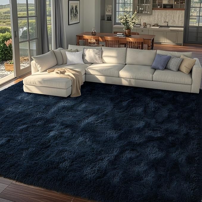 8x10 Area Rugs for Living Room Fluffy Blue,Plush Soft Navy Blue Shag Carpet for Living Room Boys Book Room Nursery Kids Playroom Dorm Decor