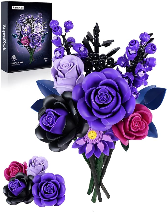 iATOM Purple Rose Bouquet Building Set, Compatible with Lego Flowers for Adults - Halloween Botanical Collection - Gothic Artificial Flowers Home Decor - IA11004