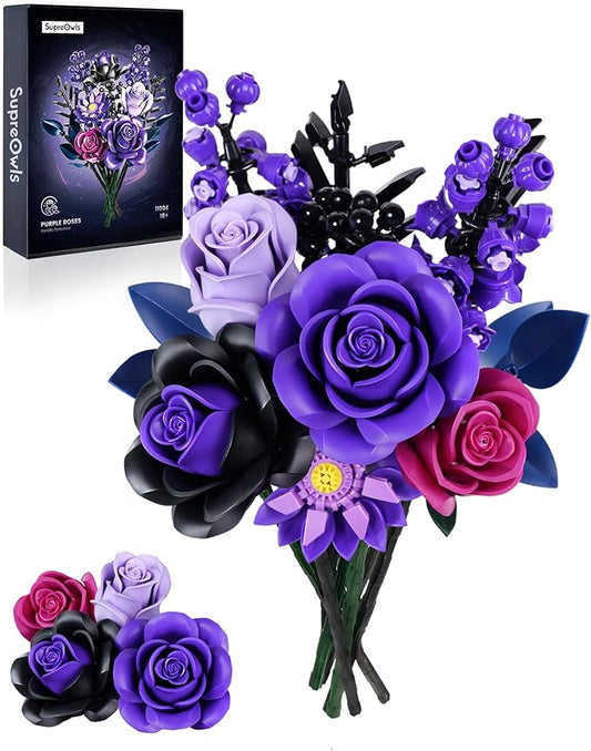 iATOM Purple Rose Bouquet Building Set, Compatible with Lego Flowers for Adults - Halloween Botanical Collection - Gothic Artificial Flowers Home Decor - IA11004