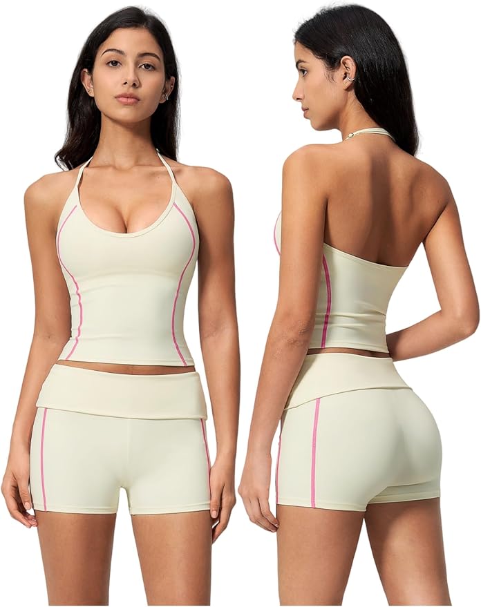 QBGJTD Women 2 Piece Workout Set Color Block Open Back Halter Top and High Waist Booty Lifting Shorts Yoga Outfit