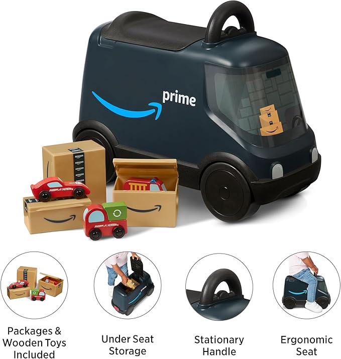 Radio Flyer Amazon Delivery Van, For Ages 2+, Ride and Deliver Truck for Kids, Under Seat Storage, Stationary Handle, Ergonomic Seat, Includes 3 Mini Amazon Boxes & 3 Wooden Toys, Toddler Ride On Toys