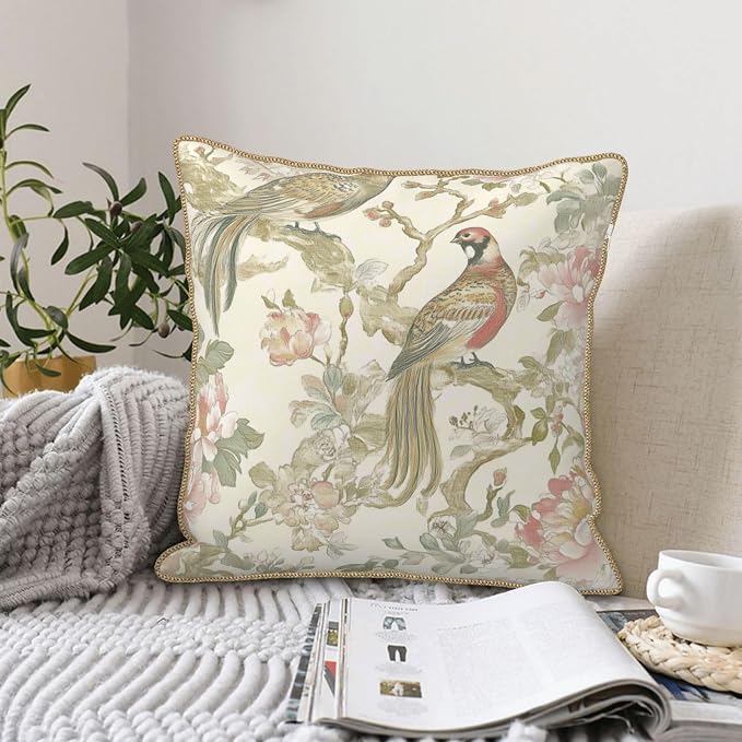 Vintage Bird Floral Velvet Pillow Covers 18x18 Inch Chinoiserie Flowers Leaves Throw Pillows for Couch Farmhouse Cushion Covers Pillowcase Light Green Leaf Pillow Cases for Sofa Bed Outdoor Decor