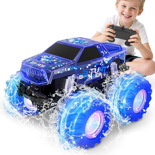 Drefirsa Blue Monster Truck Toy, Amphibious Remote Control Car, 4WD All Terrain Off-Road RC Truck with Colorful Light, RC Stunt Car Toy for 6 7 8 9 10 11 12 Year Old Boy Birthday Gift