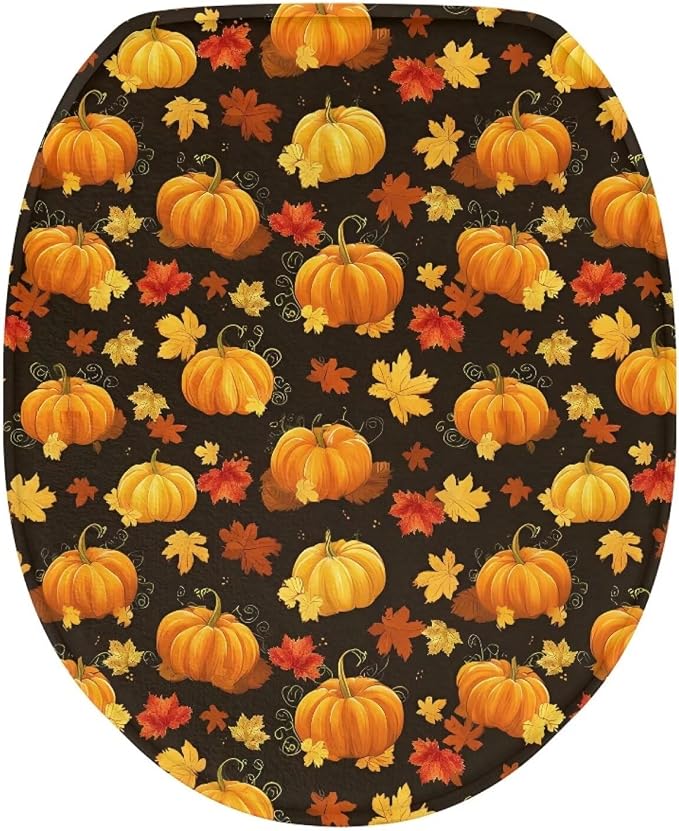 Toilet Lid Cover, Bathroom Decorative Flannel Soft Toilet Lid Cover, Bathroom Accessories Machine Washable Reusable-Pumpkins Maple Leaves