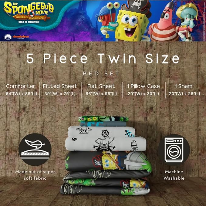 Spongebob Squarepants Movie Kids Bedding Set, Twin Size, Roblox UGC Reward Included – 5-Piece Super Soft Cozy Reversible Comforter & Sheet Set (Officially Licensed Product) by Franco