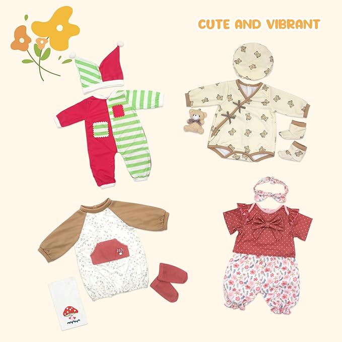 DC-BEAUTIFUL 12 Pcs Doll Clothes Set Fit 22 Inch Reborn Baby Dolls, 4 Complete Set Outfits Accessories Includes Rompers Headband Socks Bib Hat and Toy Bear for Girls Birthday
