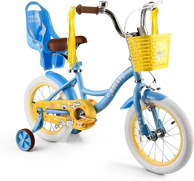 RULLY 12-16 Inch Girls Bike with Doll Seat Basket and Training Wheels for 2-6 Years Children