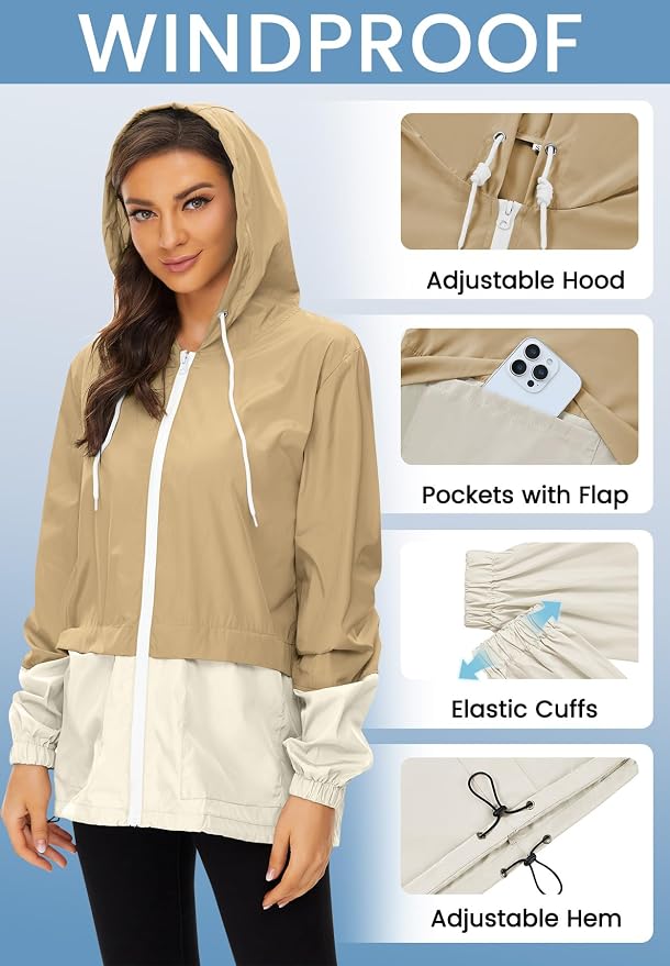 Zando Lightweight Rain Jacket Women Packable Waterproof Raincoat with Hood | Windbreaker Jacket Women, Light Raincoats for Drizzle, Rain Coats for Travel, Hiking and Commute