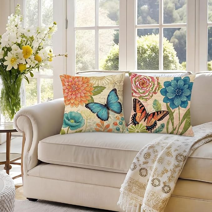wyooxoo Spring Summer Pillow Covers 16x16 Set of 4 Farmhouse Throw Pillow Covers Linen Flower Butterfly Decorative Pillowcases for Sofa Couch Living Room Outdoor
