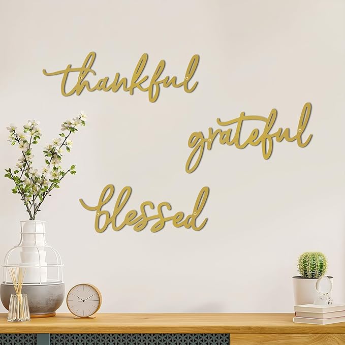 Thankful Grateful Blessed Letter Sign Metal Wall Decor, 3 Piece Gold Letters Wall Art for Bathroom Bedroom Metal Words Wall Decor for Home Decor (Gold)