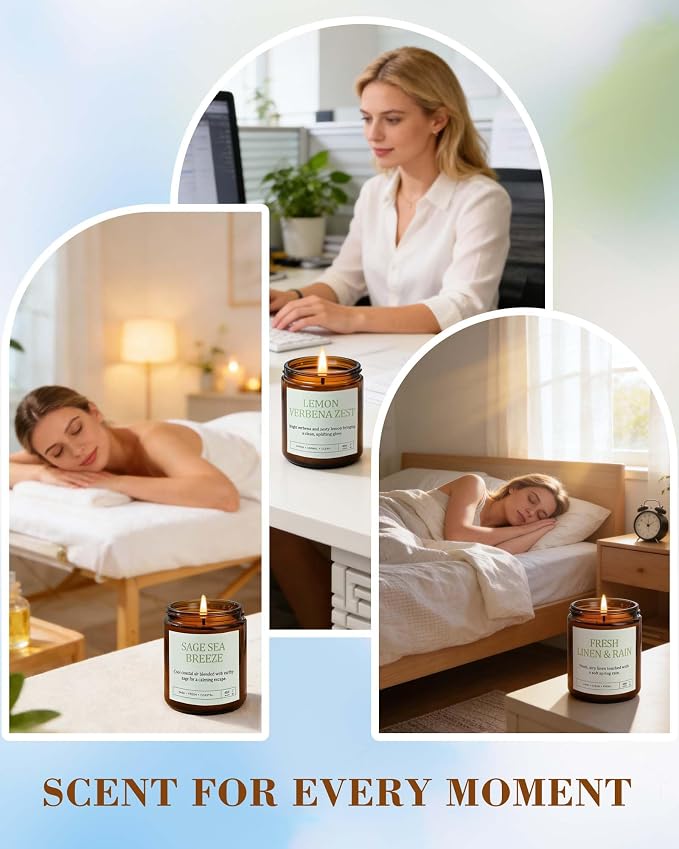 Scented Candles Gift Set, Long Lasting 4 Pack Aromatherapy Candles for Home | 200 Hour Burn, Fresh Linen & Rain, White Blossom & Pear, Lemon Verbena Zest, Sage Sea Breeze, Gifts for Women