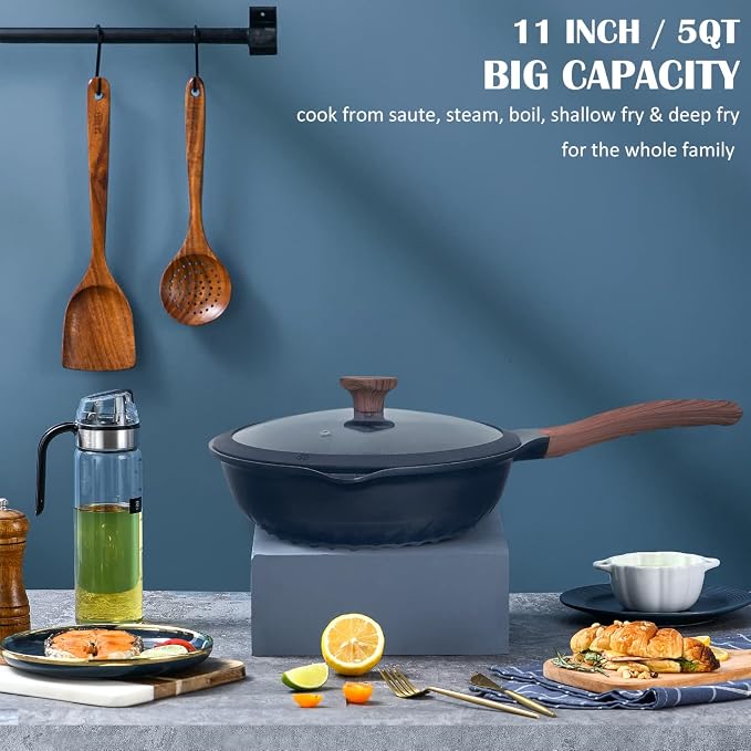 Vinchef Nonstick Deep Frying Pan Skillet with Lid, 11in/5Qt Saute Pan, German 3C+ Ceramic Coating Technology, Heat Indicator, Induction Compatible | German 3C+ toxin-free ceramic PFOA-free. Induction/gas compatible. Heat indicator handle. Lightweight d...