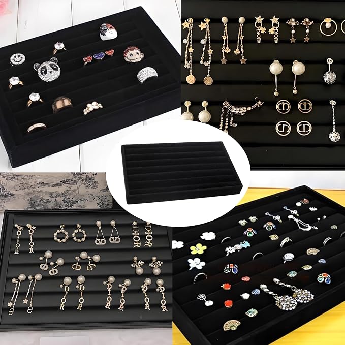 Velvet Jewelry Organizer Tray, Black 8 Rolls | Stackable Jewelry Storage Display Tray for Drawer Dresser Cloest Organizer