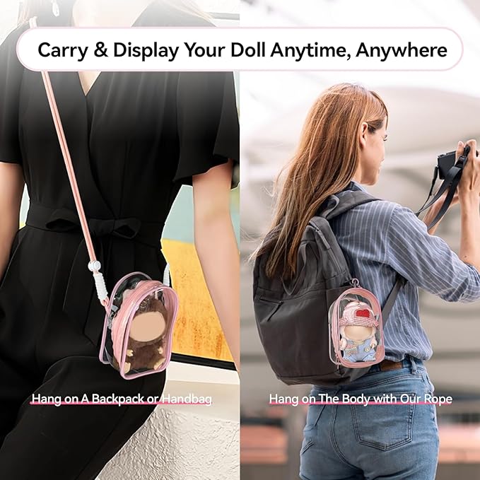 PVC Protective Case for Lububu 17cm Plush Doll, Blind Box Doll Display Case for Lafufu, Clear Hanging Storage Bag Keychain, Doll Clear Bag Carrying Bag for Figures (Pink)