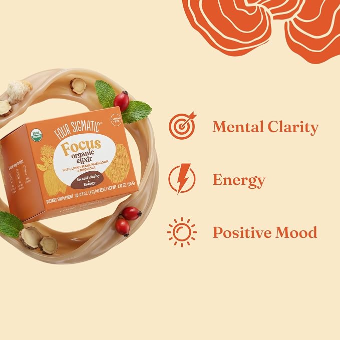 Four Sigmatic Lion's Mane Focus Elixir Mushroom Coffee Alternative | Organic Lion's Mane Mushroom Powder, Rhodiola & Rose Hips | Immune & Memory Support | Paleo | Pack of 20