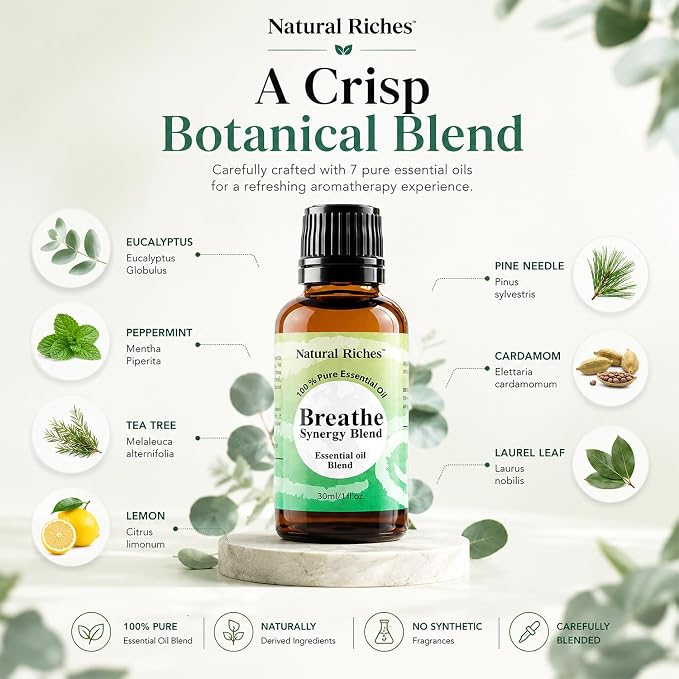 Natural Riches Breathe Essential Oil Blend Breathe Easy with Peppermint Eucalyptus Tea Tree Lemon Cardamom Pine Needle Essential Oils - 2 x 30 ml