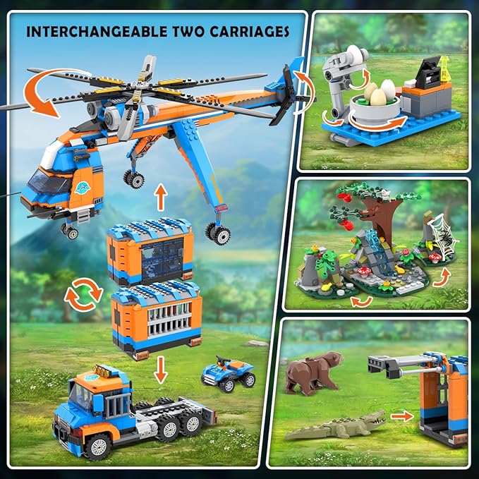 CUBIMANA City Jungle Adventurer Helicopter Building Toys - 1356PCS Forest Truck Adventure Building Set with Car Crocodile Brown Bear Wildlife Rescue Blocks Playset Easter Gift for Kids Boys 6+