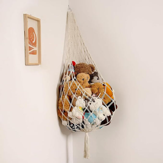 Stuffed Animal Storage Organizers Toy Hammock Corner Hanging Net Stuffy Animal Hammock Macrame Toy Display Plush Toy Holder Wall, Kid Bedroom Decor Boho Nursery Playroom Organizer (Cream XL)