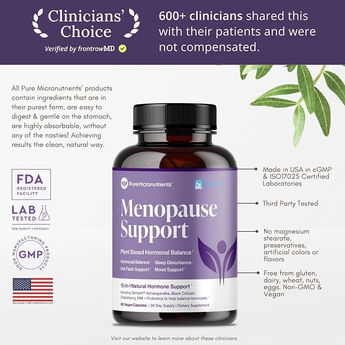 Menopause Supplements for Women, Hot Flashes & Night Sweats, 60 Count | Sensoril Ashwagandha, DIM, chaste berry & black cohosh support natural hormone balance, sleep & mood