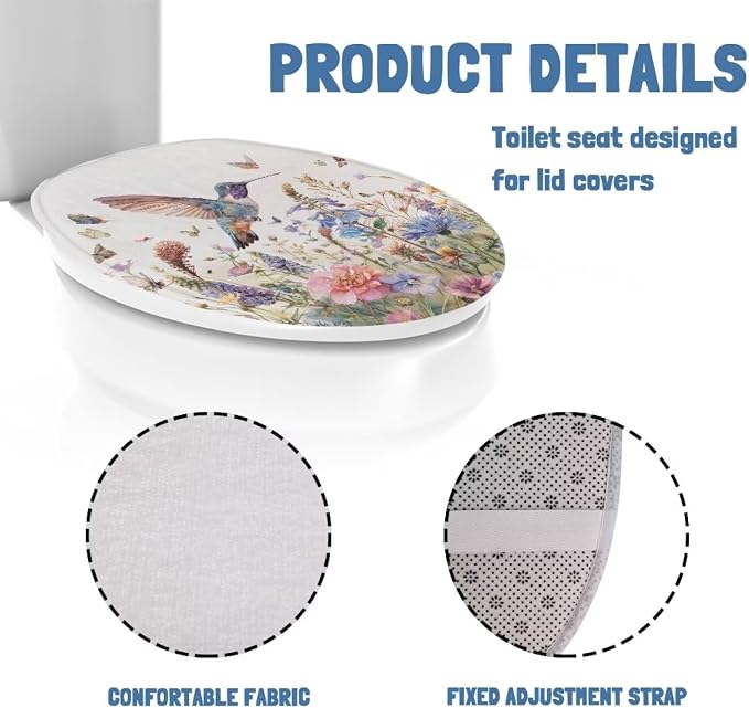 Hummingbird Oblong Toilet Seat Cover Floral Fuzzy Toilet Seat Cover Soft Toilet Seat Cover Toilet Lid Covers for Bathroom Decor