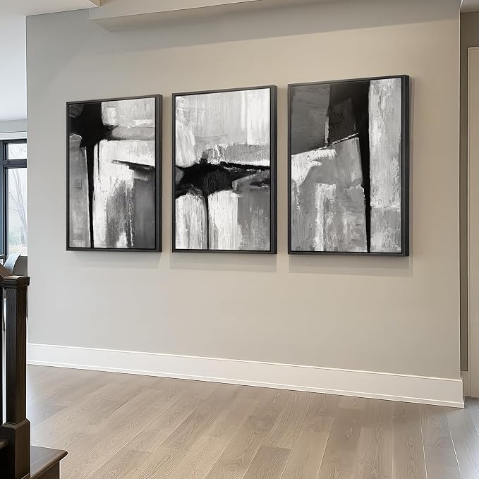 Large Framed Black and White Gray Abstract Wall Art, 3 Piece Modern Canvas Prints Paintings Artwork for Walls, Grey Abstract Pictures for Living Room Hallway Bedroom Office Wall Decor Total 30x60 In