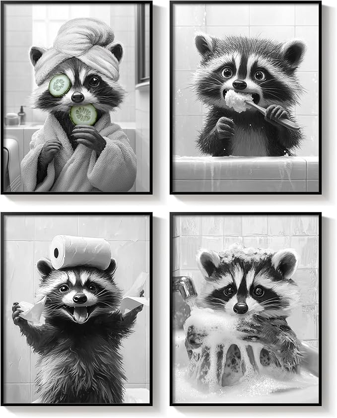 Framed Funny Bathroom Wall Art, 4 Piece Black and White Raccoon Prints, Cute Animal Toilet Canvas Artwork for Restroom Bathroom Home Decor, 11x14 Inch