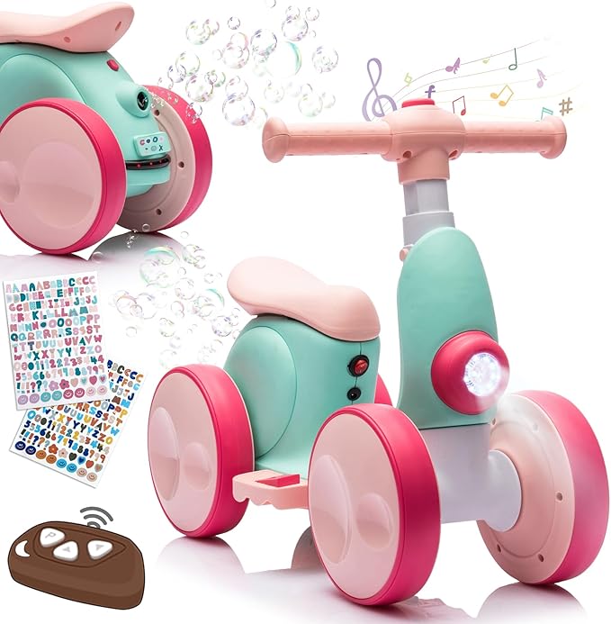 Electric Baby Balance Bike with Bubble Machine for 1 Year Old Boys Girls 4 in 1 Toddler Balance Bike 12-48 Month Kids Bubble Bike Ride Toys First Birthday Gift with Powered Motor,Music,LED Lights