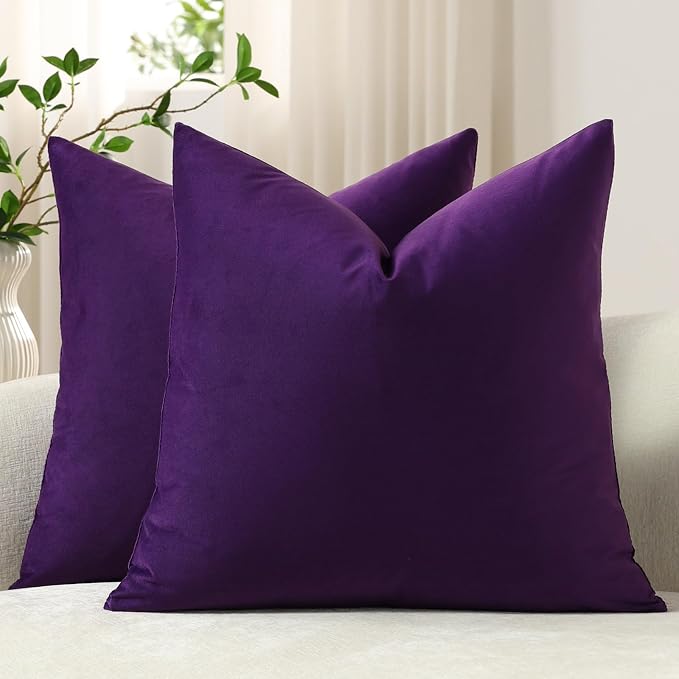 Euro Sham Covers 26x26 Purple: Pack of 2 Cozy Soft Velvet Square Modern Luxury Decorative Throw Pillow Cases for Sofa Couch Living Room Bed Home Decor
