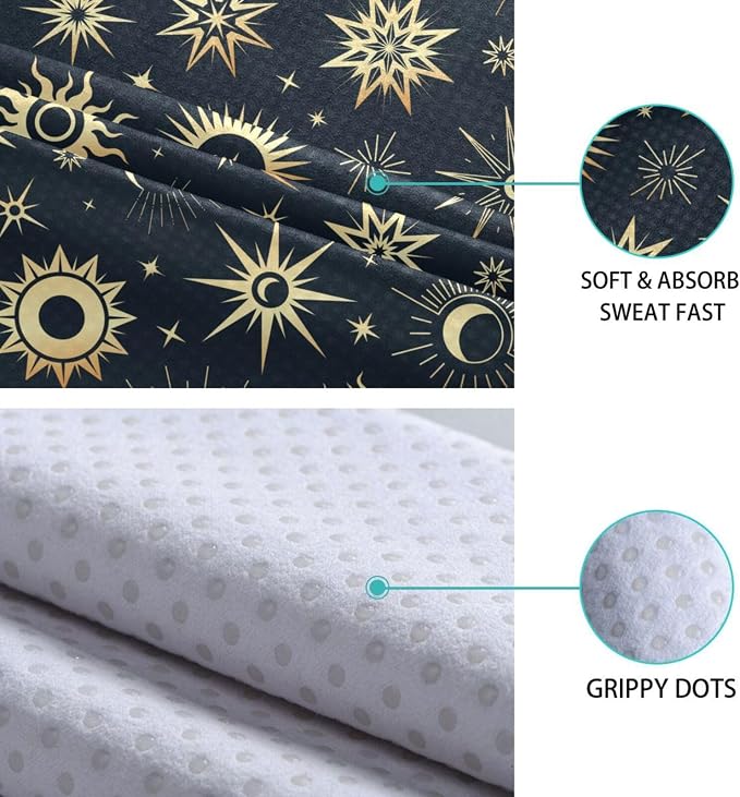 Non Slip Yoga Towel 73 x 27 in Gold Sun Moon Stars Sweat Absorbent Yoga Mat Towel for Hot Yoga, Pilates and Workout