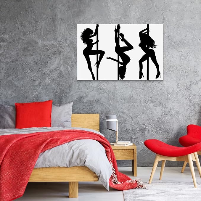 Yeesjoee Sexy Women Pole Dance Wall Art, Elegance Abstract Dancers Silhouette Black White Print, Modern Strength Picture Canvas Painting Living Room Bedroom Bathroom Office Home Decor, 24x36 in Framed
