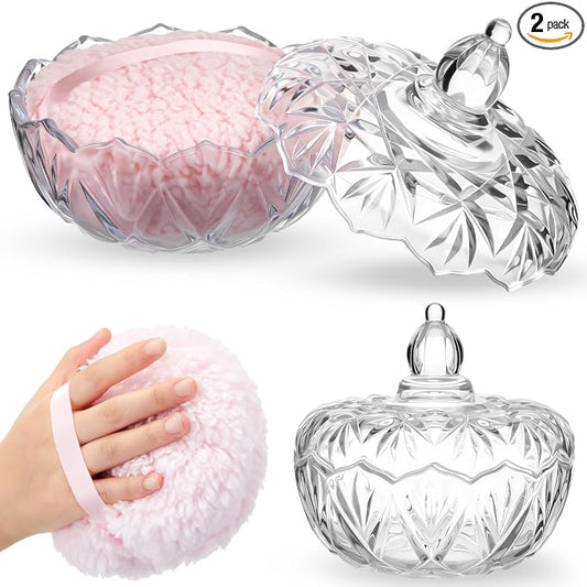 Tioncy 2 Pcs Extra Large Dusting Powder Puff and Container for Women-6'' Glass Crystal Dusting Powder Container with Body Soft Washable Reusable Velour Face(Clear,Pumpkin)