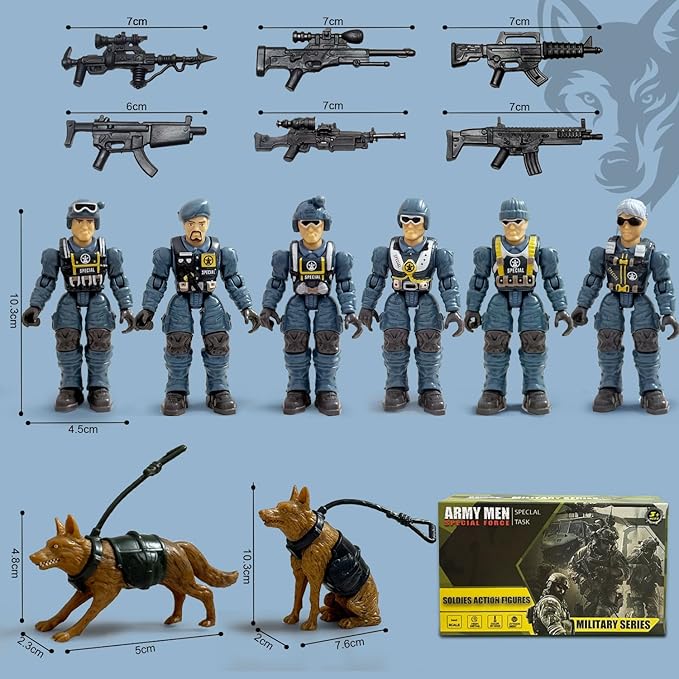 Army Men Action Figures, Toy Soldiers for Boys 6-8, Plastic Army Men Toys with 2 Dogs and 6 Weapons Birthday Gift for Kids Boys Military Collectors