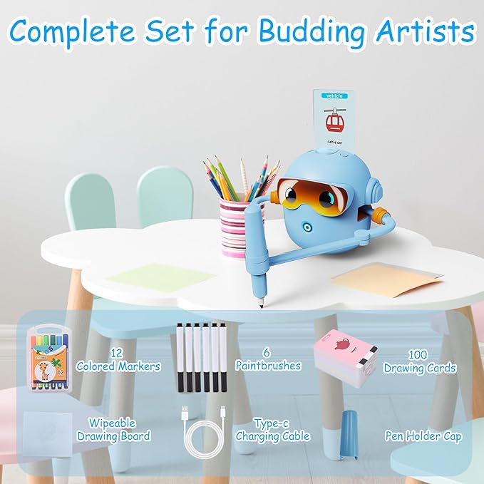 Custer's Night Drawing Robot for Kids - Montessori Painting Toys for 3 4 5 6 7 8 Year Old, Voice Interactive Educational Drawing Machine with 100 Cards,12 Colorful Pens & Music-Gift for Boys Girls B