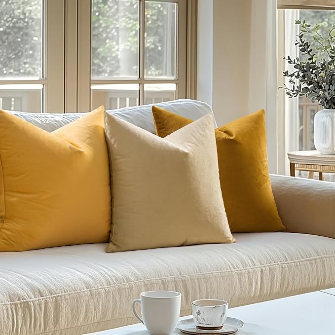 MIULEE Velvet Throw Pillow Covers 20x20 Inch Pack of 2 Mustard Yellow | Soft Solid Decorative Pillow Covers, Modern Luxury Home Decor, for Couch Chair Sofa Bedroom Livingroom