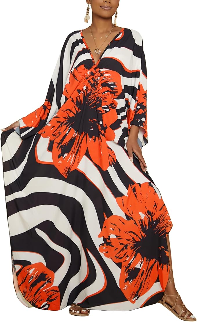 Bsubseach Kaftan Dresses for Women Floral Print Plus Size Beach Cover Up | Lightweight V Neck Loose Fit Boho Dress, Batwing Sleeve Side Slit, Moo Moos for Women Home Loungwear Cruise Resort Wear