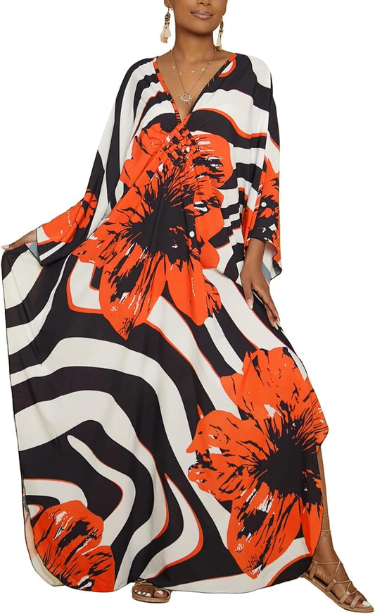 Bsubseach Kaftan Dresses for Women Floral Print Plus Size Beach Cover Up | Lightweight V Neck Loose Fit Boho Dress, Batwing Sleeve Side Slit, Moo Moos for Women Home Loungwear Cruise Resort Wear