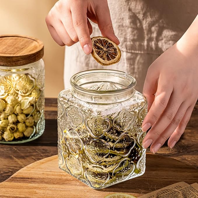 25.3 FL OZ Square Glass Jar, Glass Storage Canister with Airtight Lid, Glass Food Storage Containers for Candy, Coffee, Tea, Canning, Cute Jar (Square Begonia) | Glass Food Storage Container for Coffee, Tea, Candy, Sugar, Decorative Jar Cute Jar (Squar...