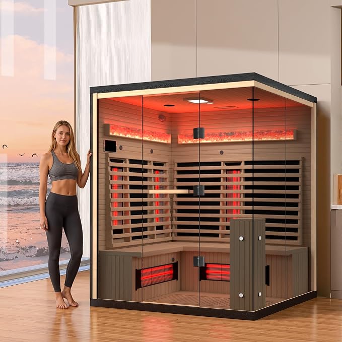 Infrared Sauna, 3-4 Person Home Sauna with Himalayan Salt Panel & 10 Minutes Warm-up System, Indoor Sauna Spa Room with Canadian Hemlock&Panoramic Tempered Glass,220V
