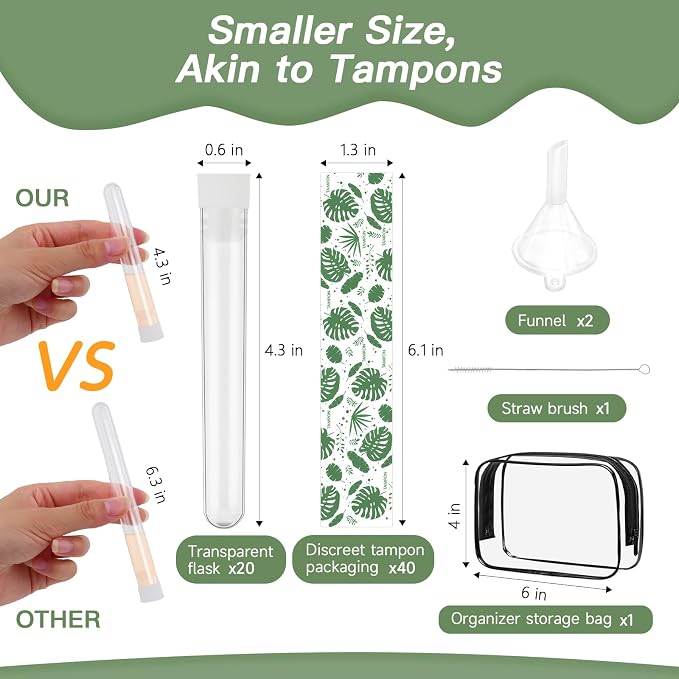 64 Pcs Tampon Flasks Set Includes 20 Reusable Plastic Flasks, 40 Self Adhesive Wrappers, 2 Funnels, Storage Bag, Clean Brush, Hidden Tube Flasks for Cruise Event, Concert, Outdoor Sports (Green)