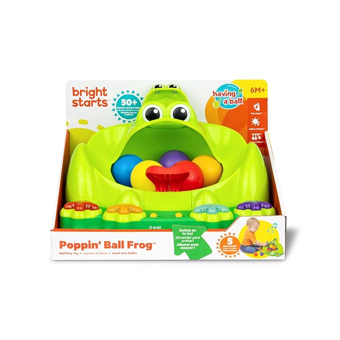 Bright Starts Poppin' Ball Frog Ball Play Toy, Launching, Bouncing & Ramp Racer Toy, Crawl and Chase, Unisex, 6 Months+