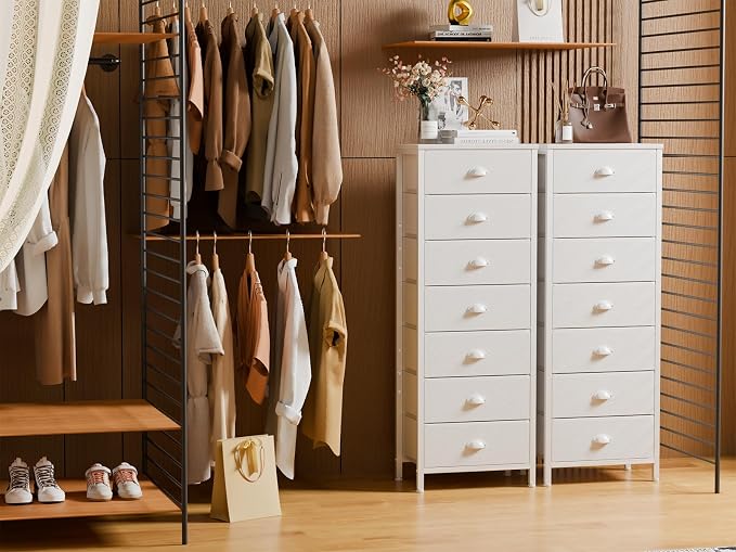 White Tall Dresser for Bedroom, Chest of Drawer with Fabric Drawer | Tall Skinny Dresser with 7 Drawers, Metal Frame, Wooden Top, Dorm Vertical Closet, Bedside Furniture in Living Room