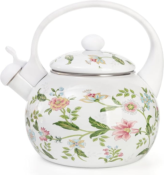 Jucoan 2.3 Quart Vintage Enamel Tea Kettle, Whistling Tea Kettle for Stove Top, Floral Enamel on Steel Teakettle Teapot for Home Kitchen Camping, Gift for Wedding Housewarming Mother's Day