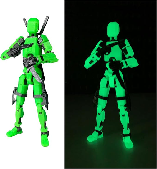 Pre-Assembly 3D Printed 5.54'' Stick 13 Action Figure, Multi-Jointed Tian13, Articulated T13 Desktop Decoration,12 in 1 d13 Accessories Best Birthday Festival Gift (Glow Green)