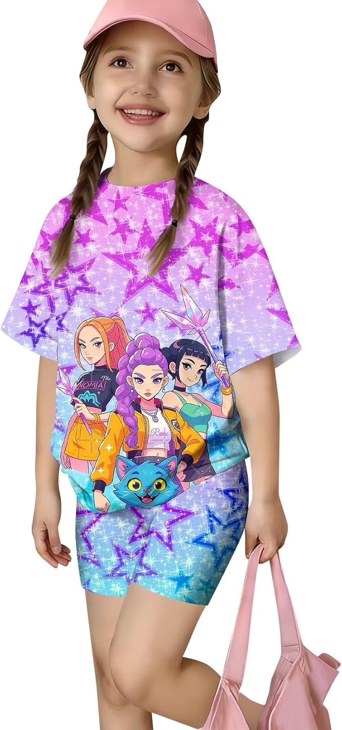 K-POP DEM0N Hunters Outfits for Girls, 2 Piece T-Shirts and Apparel Sets Birthday Gift