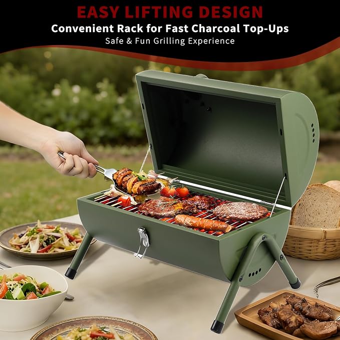 Portable Charcoal Grill, Tabletop Outdoor Barbecue Smoker, Small BBQ Grill for Outdoor Cooking Backyard Camping Picnics Beach by DNKMOR GREEN