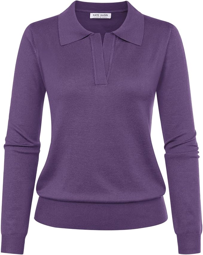 Women's Long Sleeve Classic V Neck Casual Fall Winter Polo Sweater Tops | Basic Collared Knitted Fashion Work Business Formal Daily Wear Versatile Pullover Shirts