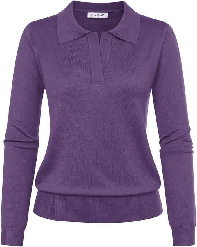 Women's Long Sleeve Classic V Neck Casual Fall Winter Polo Sweater Tops | Basic Collared Knitted Fashion Work Business Formal Daily Wear Versatile Pullover Shirts