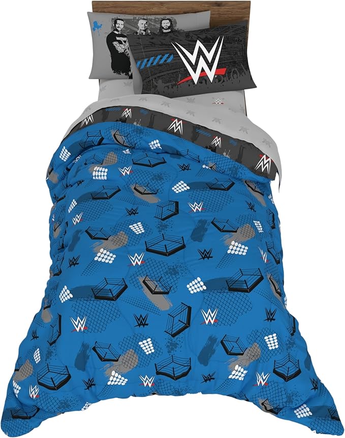 WWE Wrestling Bedding Set, Twin Size 5 Piece Set Super Soft Cozy Reversible Comforter and Sheet Set with Sham, (100% Officially Licensed Product) by Franco