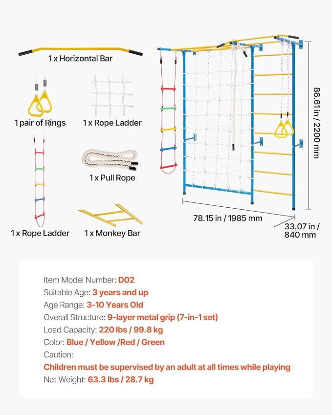 VEVOR Indoor Jungle Gym for Toddlers, 7-in-1 Climbing Playset with Carbon Steel Swedish Ladder, Wall Ladder, Pull-Up Bar, Rope Ladder, and Gymnastic Rings, Supports 220 lbs, Multicolor