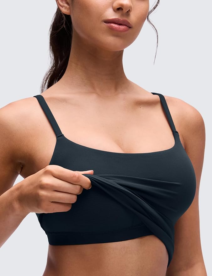 CRZ YOGA Softretch U Back Camisole Tank Tops for Women - Scoop Neck Padded Spaghetti Straps Soft Yoga Crop Top